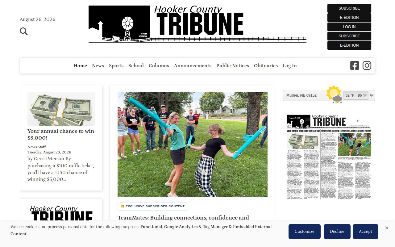 Hooker County crime news and booking-record source, Hooker County Tribune landing page