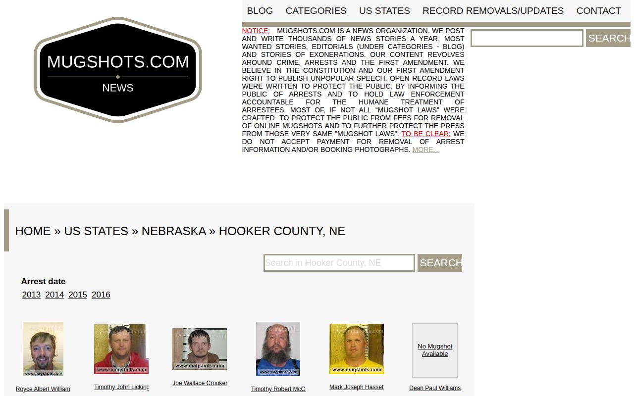 Hooker County booking-record research, private Mugshots.com county section