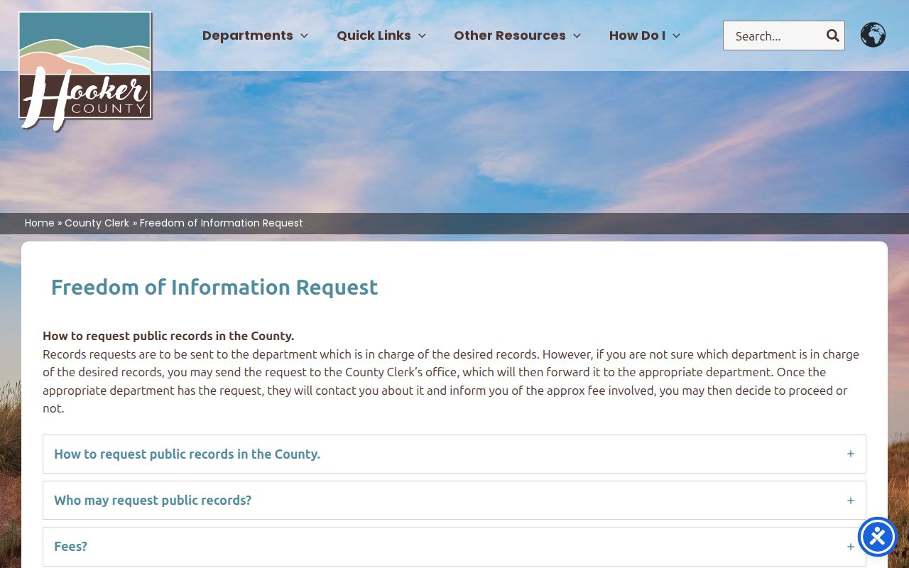Hooker County booking-record request routing on the County Clerk public-records page