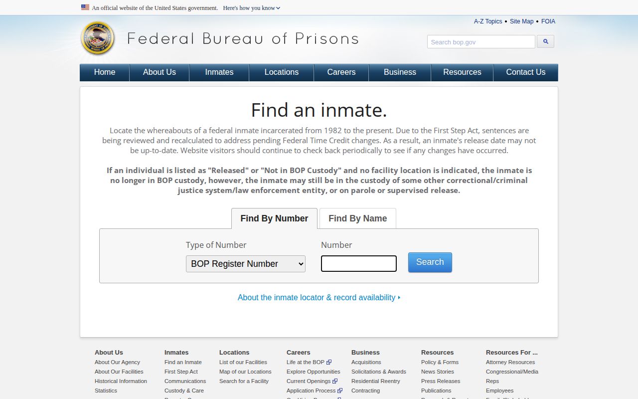 Hooker County federal-custody reference on the Federal Bureau of Prisons inmate locator
