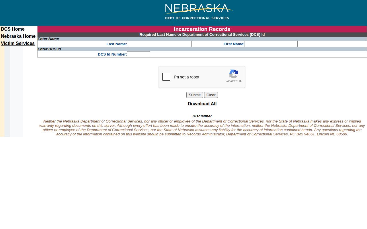 Hooker County state-custody lookup context on the Nebraska NDCS incarceration records search