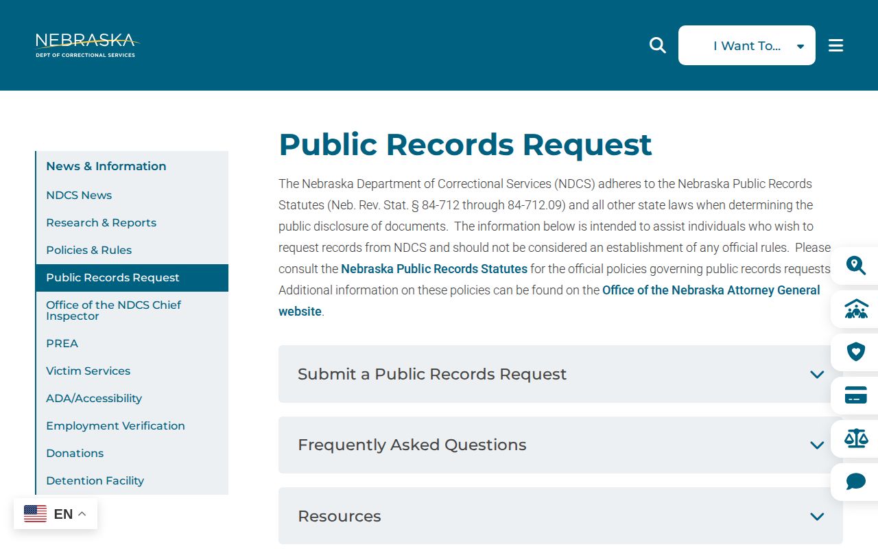 Hooker County records-request context on the Nebraska Department of Correctional Services public-records page