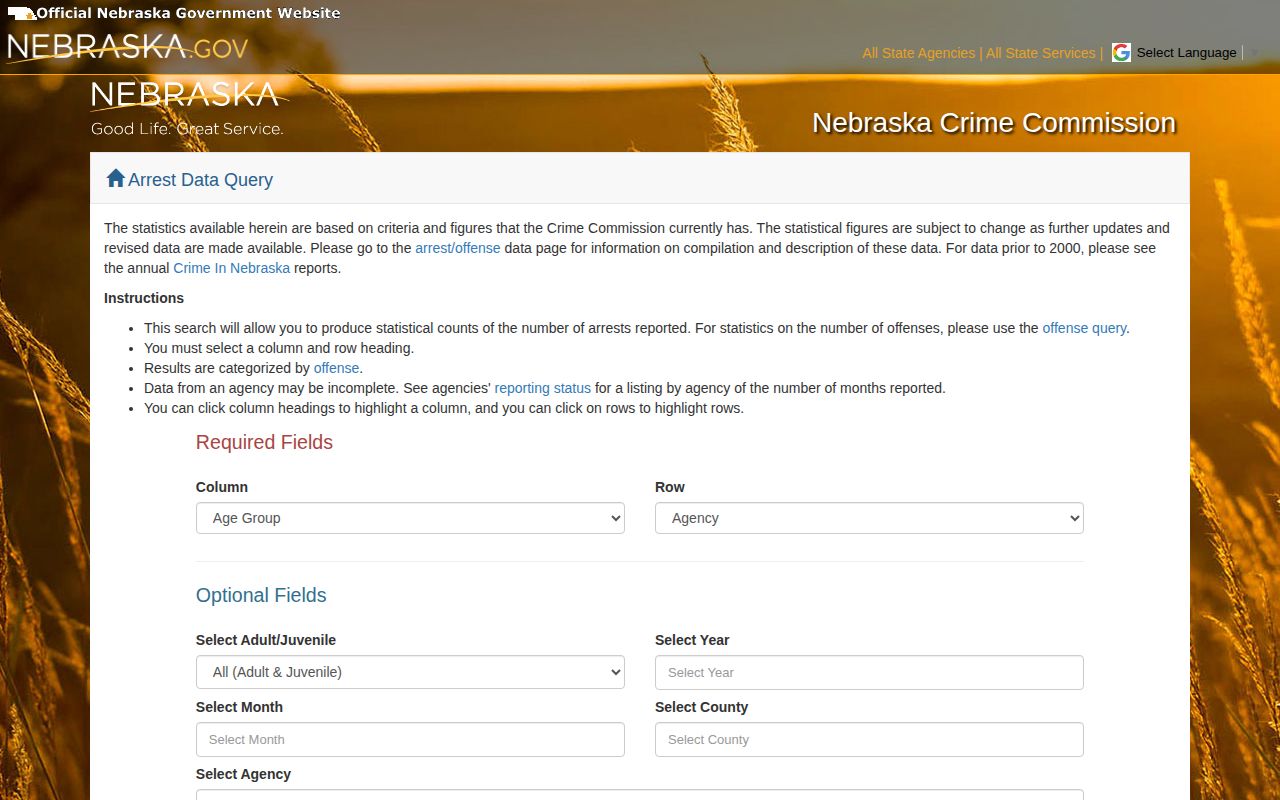 Hooker County arrest statistics search context on the Nebraska Crime Commission arrest-data query